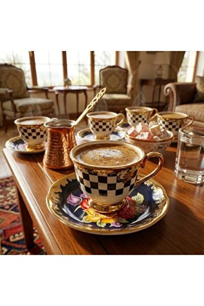 Nacario Nrcrioshop 6-Person Porcelain Turkish Coffee Cup Set - Black and Whit...