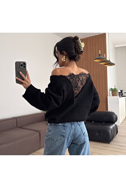 COjans Women's Lace Back Transparent Detail Knitwear Sweater