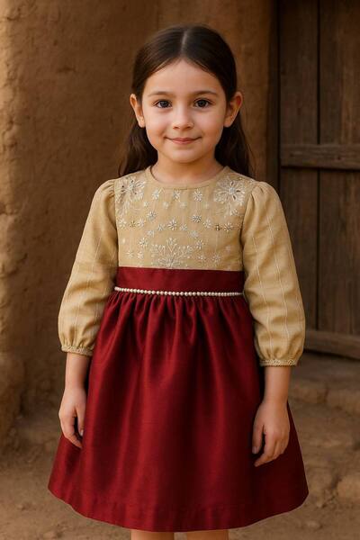 La reina petite Popular beige embroidered linen dress with a burgundy skirt b...