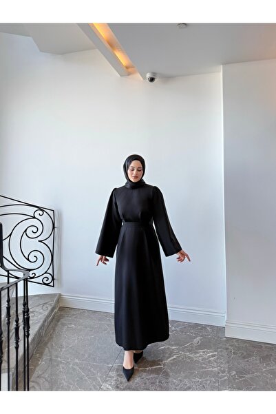 By Atelier ALİSA Γυναικείο Μαύρο Μακρύ Φόρεμα σε Γραμμή Α με Ζώνη, Μοντέρνο Β...