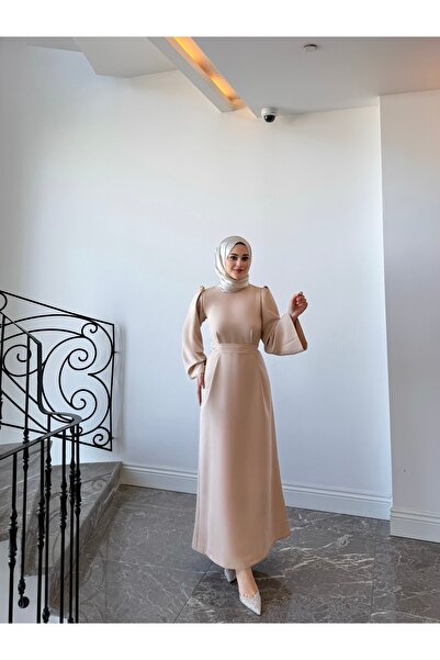 By Atelier Ali̇sa Women's Beige Long A-Line Modern Dress with Beltevening Dress