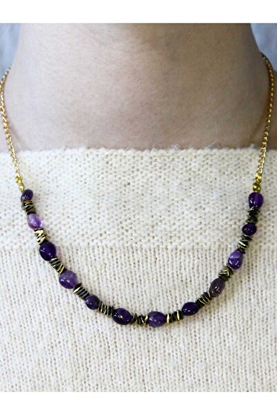 esha قلادة من الحجر الطبيعي للنساء من حجر الأميثيست والهيماتيت الطبيعي euk52amt2