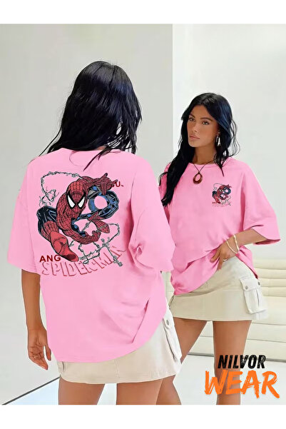 Nilvor Unisex Örümcek Adam Ön ve Sırt Baskılı Özel Tasarım Oversize T-shirt