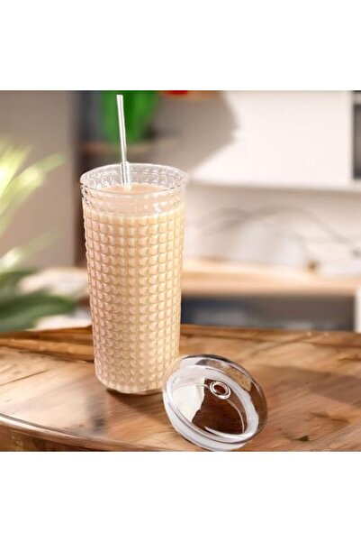 Nacario Nrcrioshop Patterned Borosilicate Glass Cup, 550ml, with Lid and Stra...