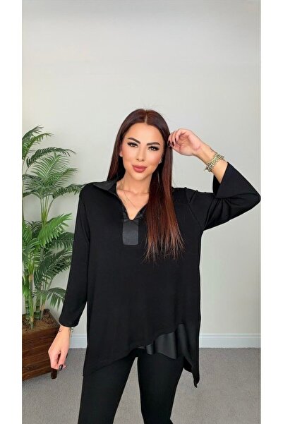 COjans Women's V-Neck Leather Detail Asymmetrical Cut Blouse