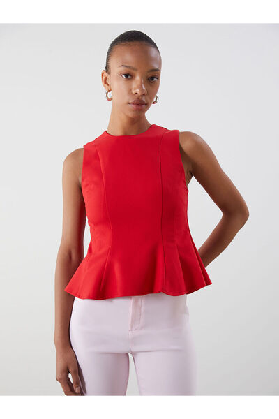 LC Waikiki بلوزة بيبلوم بياقة دائرية باللون الأحمر
