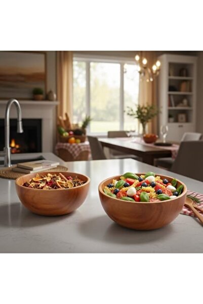 Yıldızan Newshpings Akasya Ağacı Yuvarlak Ahşap Kase | Doğal Salata, Çorba ve...