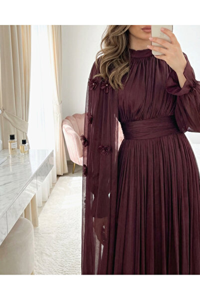 MissRunin Kolu Lastikli Güllü Pelerinli Beli Drapeli Janjan Abiye