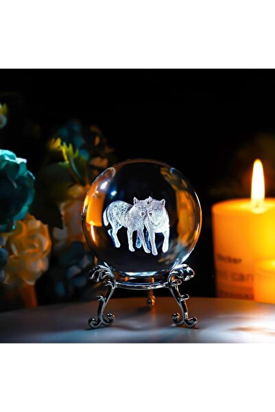 keyfim shop Dekoratif Metal Ayaklı İkili Kurt Tasarımlı 3d Cam Küre 8*6cm