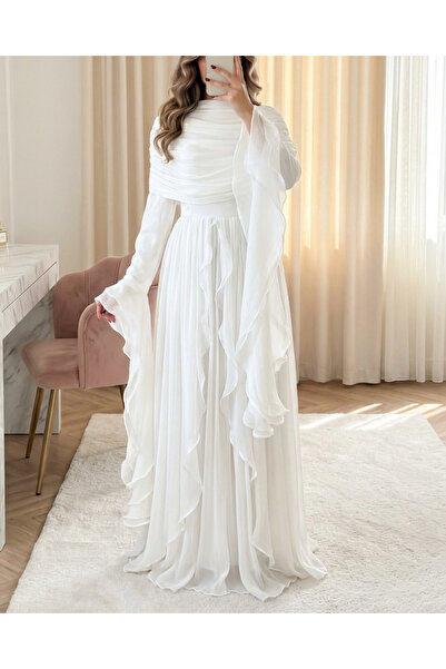 MissRunin Straplez Volanlı Drapeli İpeksi Organze Abiye