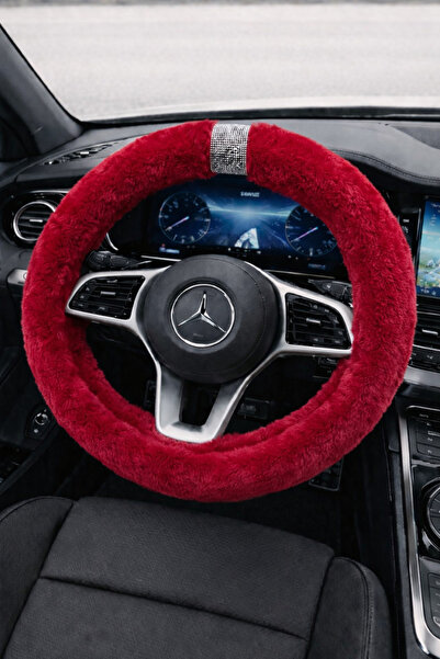 IŞILTI DESİGN Kadınlara Özel Kırmızı Geçme Peluş Direksiyon Kılıfı