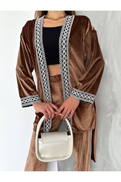 shop Velvet Lace Detailed Belted Double Suit