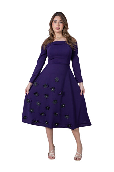 TREN Long Sleeve A-Line Dress with Laser Cut Flowers Burgundy Dark Blue Forma...