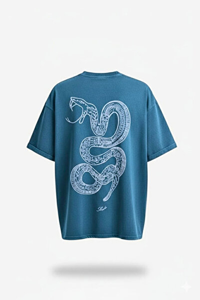 Wonraces Men's Blue Oversize Snake Embroidered Special Washed Crew Neck T-Shirt