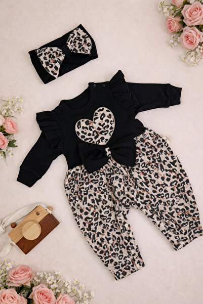 Babexi Bandanalı Leopar Desenli Kız Bebek Tulum