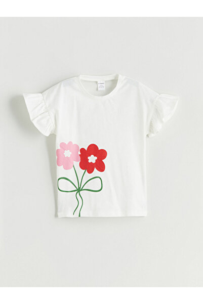 LC Waikiki Nevavm Floral Girl's T-Shirt with Oval Collar and Difference in Color