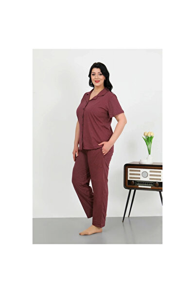 Narnuga Mi̇ray- Women's Plus Size Cotton Pocketed Buttoned Purple Pajama Set