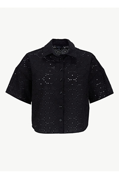 Fabrika Crop Gömlek Yaka Güpür Siyah Kadın Gömlek F6SL-GML0336