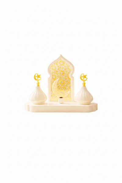 Saudi Arabia Ramadan Crescent Moon and Star Ornament White and Gold Mosque Ta...