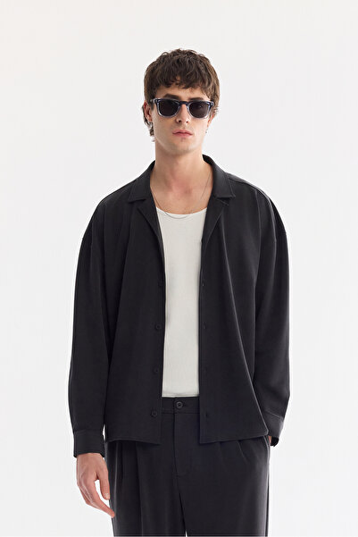 Avva Men's Black Cuban Collar Lyocell Blended Knitted Oversize Fit Long Sleev...