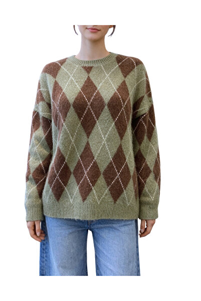 Qualia Butik Women's Diamond Pattern Crew Neck Sweater