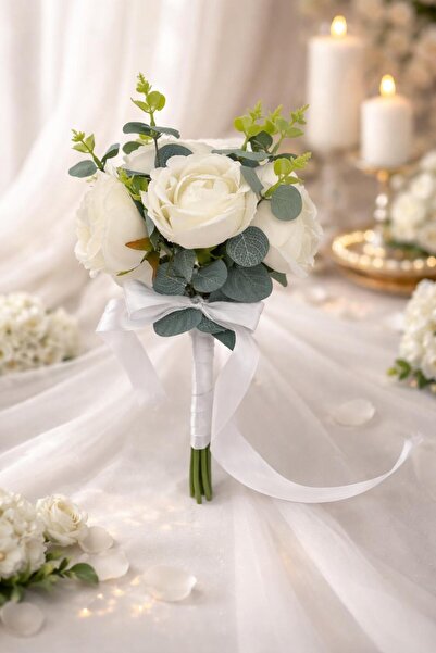 Melonİst Beyaz Gül & Okaliptüs Detaylı Yapay Gelin Buketi – Sade Modern ve Za...
