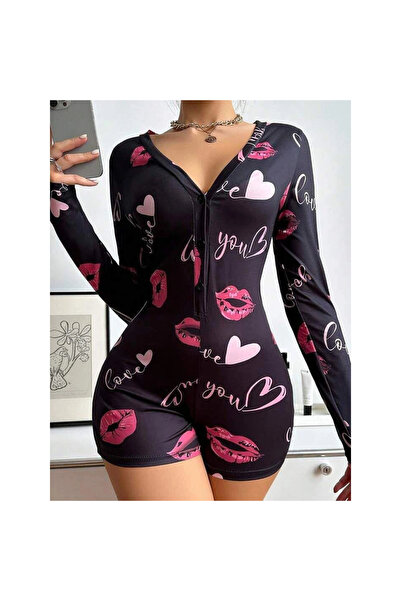 Narnuga Cotton Red Heart Patterned Buttoned Long Sleeve Jumpsuit Pajamas