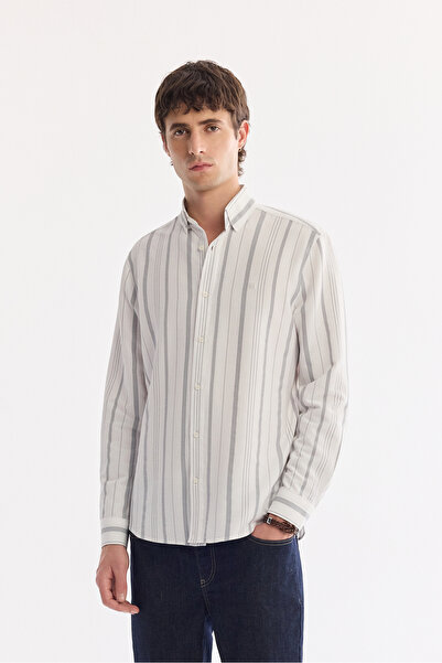 Avva Men's Gray Bottomed Collar Striped Gofreli Regular Fit Long Sleeve Shirt...