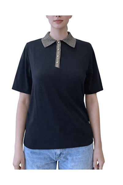 JM Kadın Simli Polo Yaka Kısa Kollu Triko