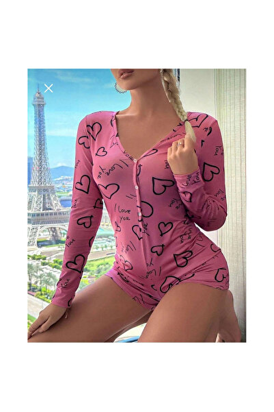 Narnuga Cotton Pink Black Heart Patterned Buttoned Long Sleeve Jumpsuit Pajamas