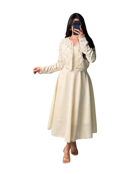 TREN Women's Beige Two-Piece Linen Outfit Pearl Detailed Jacket Modest Long D...