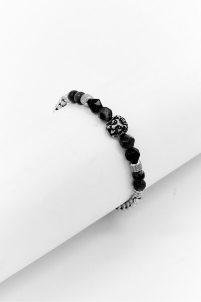 Steeltime Men Curb Chain And Agate Stones With Lion Charm Bracelet, Grey