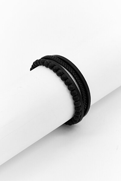 Steeltime Men Leather Beaded Bracelet With Stainless Steel Magnetic , Black