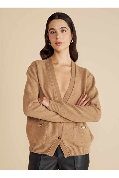 BROOKS BROTHERS Camel Kadın Hırka %100 Yün V Yaka Toka Detaylı Hırka