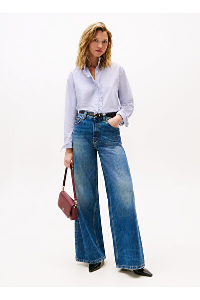 Tommy Hilfiger Standart Gömlek Yaka Çizgili Mavi Kadın Gömlek WW0WW468480X7