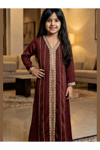 Nice Model Girls Traditional Caftan Dress Burgundy Long Sleeve Jalabiya with ...
