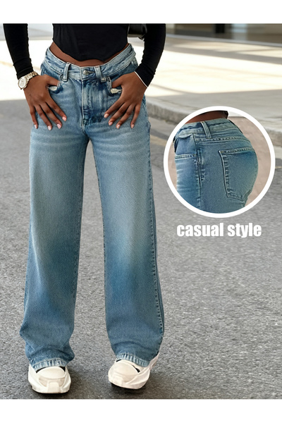 Shevadne 1 Adet Yüksek Bel Vintage Yıkama Bol Paça Retro Kadın Jean Pantolon ...