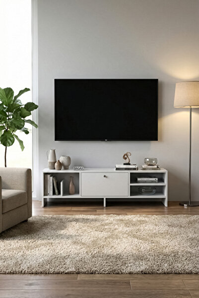 BAGAX Beyaz Salon Tv Ünitesi | Kapaklı ve Kitaplıklı Tasarım, Orta Raflı - 14...