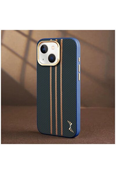 Zebana iPhone 15 Uyumlu Kılıf Goldrix Karbon Fiber M-Safe Kılıf Lacivert