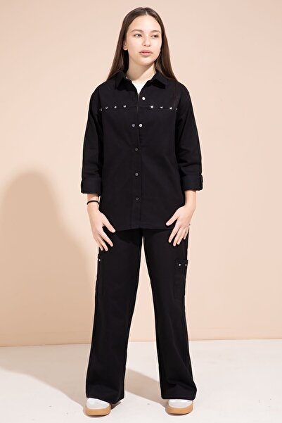 Cansın Mini Girl's Gabardine Suit with Black Heart Embroidered Shirt and Wide...