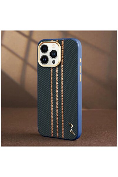 Zebana iPhone 13 Pro Max Uyumlu Kılıf Goldrix Karbon Fiber M-Safe Kılıf Lacivert
