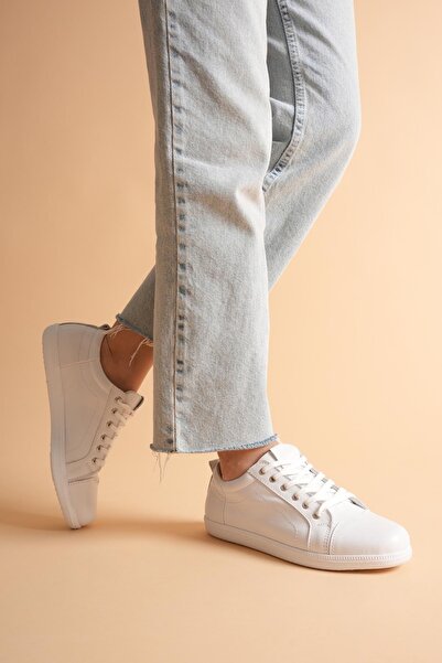 ANALİN SHOES Women's Genuine Leather Casual Sports Shoes - White