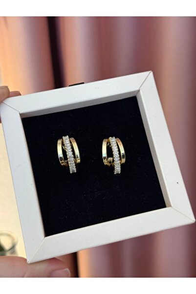 Twenty Eight Triple Look Big Gold Steel Earrings with Zircon Stones in the Ce...