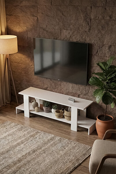 BAGAX Beyaz Açık Raflı Sade Tasarım Tv Ünitesi | - 140 cm
