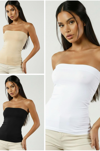 Siyah İnci Black-White-Tan 3-Pack Cotton Lycra Strapless Collar Knitted Blous...