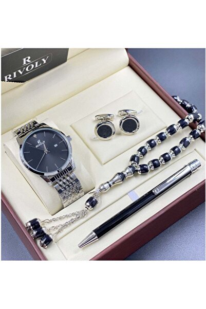 RİVOLİ Men's Stainless Steel Set with Watch, Prayer Beads, Pen, and Cufflinks