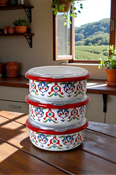 İnci Emaye 3 Piece Medium Size, with Lid, Patterned Enamel Breakfast Set, Pre...