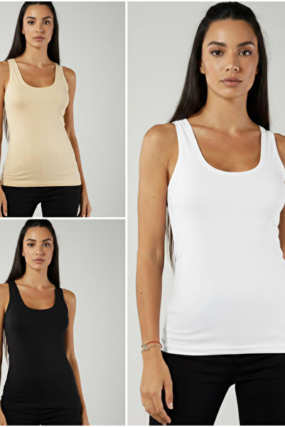 Siyah İnci Black-White-Tan 3-Pack Cotton Lycra Wide Strap Knitted T-Shirt Und...