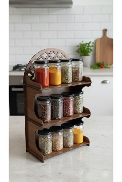 SNM 12 li Cam Kavanozlu Ahşap Standlı Baharatlık Seti | Ceviz Renkli | Siyah ...
