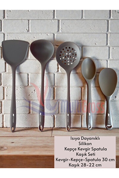 Multiamo Sert Uçlu Isıya Dayanıklı Silikon Kevgir Spatula Kepçe Kaşık Seti 5Prç